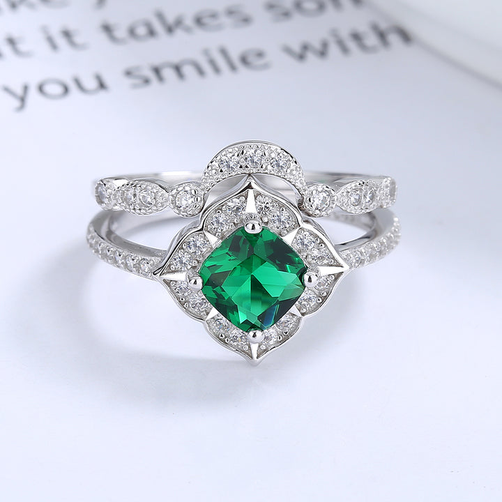 14K White Gold Two Piece Emerald Stacking Ring Set