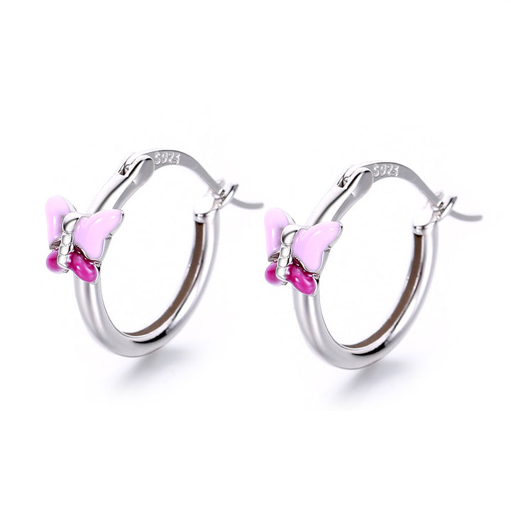 Sterling Silver Pink Lab Opal Butterfly Huggie Hoop Earrings