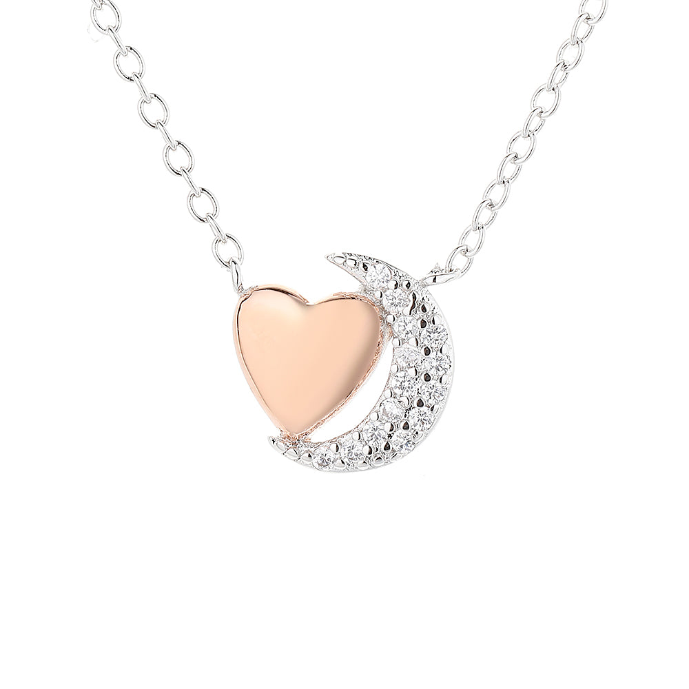 Two Tone and 18K Rose Gold Heart and Moon with Crystals