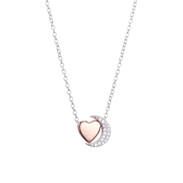 Two Tone and 18K Rose Gold Heart and Moon with Crystals
