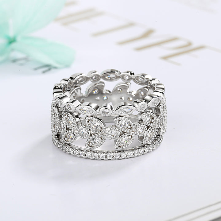 14K White Gold Three-Piece Marquise Cut Leaf Ring Set with crystals from Swarovski