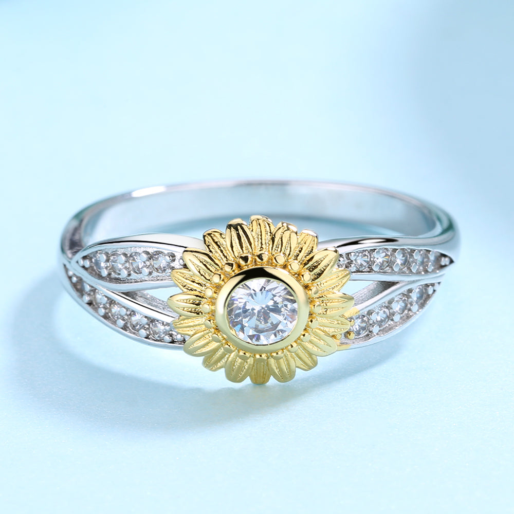 Sterling Silver Two-Tone Flower Twist Ring With Crystals