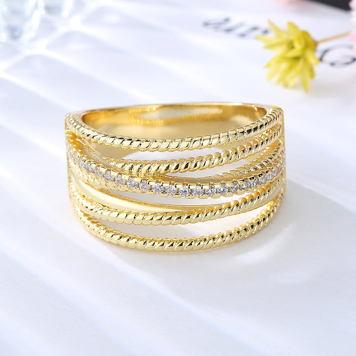 14k Gold Seven Row Twist Ring with Crystals