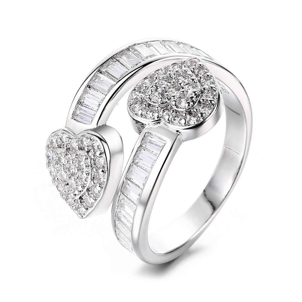 18K White Gold Double Heart Bypass Ring with crystals from Swarovski