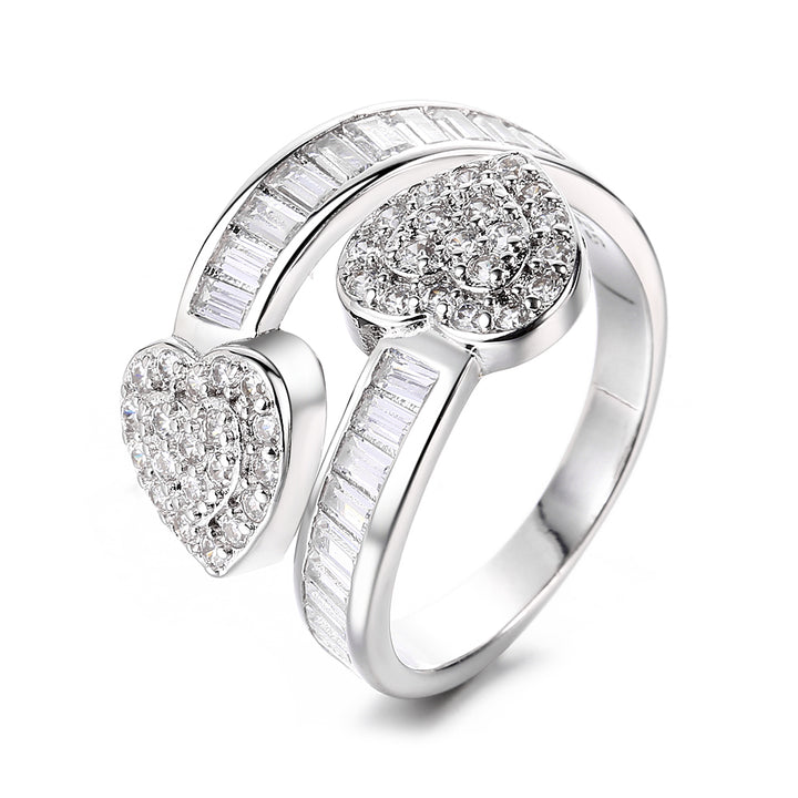 18K White Gold Double Heart Bypass Ring with crystals from Swarovski