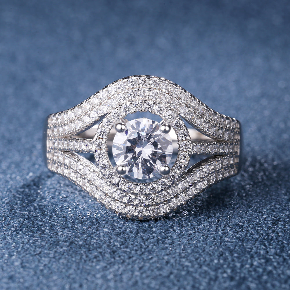 Silver-Tone 5 Row Halo Engagement Ring with Crystals from Swarovski