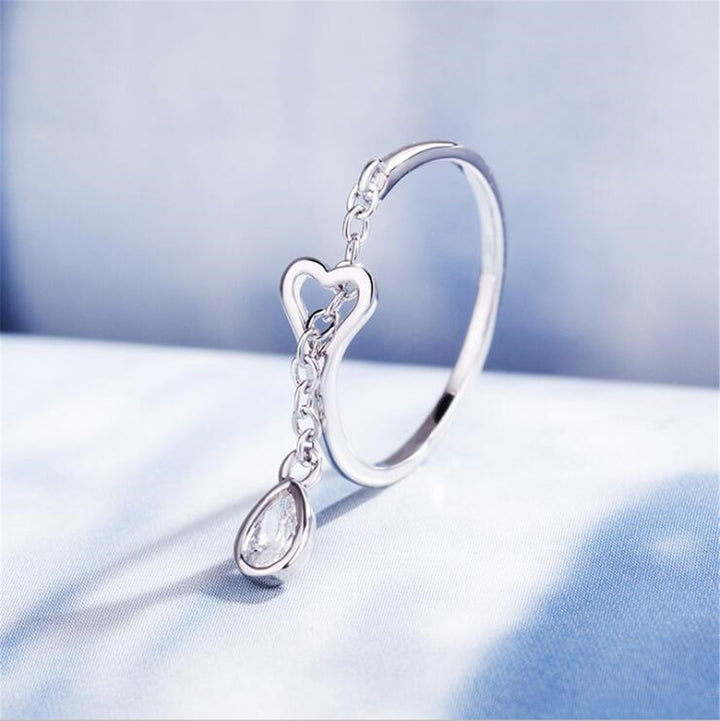 Sterling Silver Open Heart Adjustable Ring with crystals