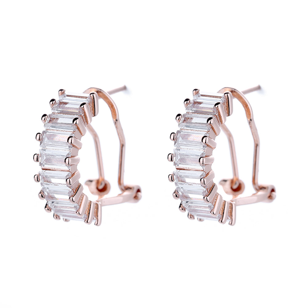 14K Rose over Sterling Silver Baguette Cut Swarovski Huggie Earrings