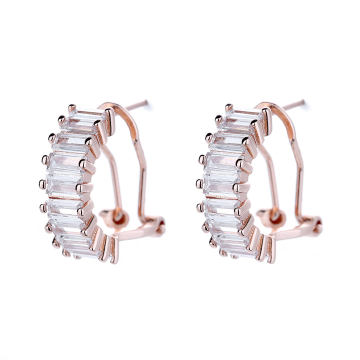 14K Rose over Sterling Silver Baguette Cut Swarovski Huggie Earrings