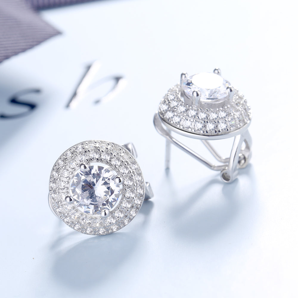 Sterling Silver Double Halo Omega Stud Earrings With Swarovski