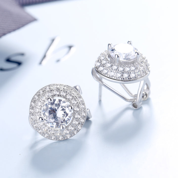 Sterling Silver Double Halo Omega Stud Earrings With Swarovski