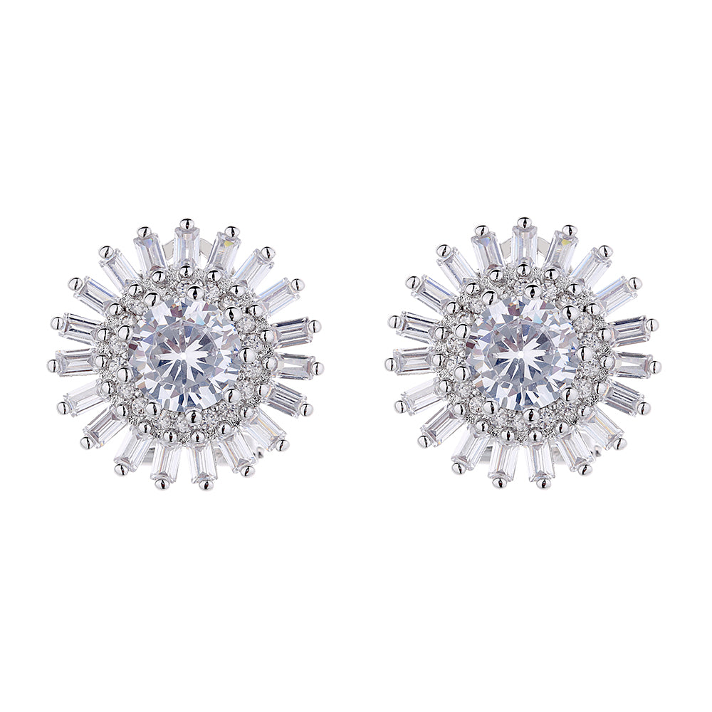 Simulated Diamond Brilliant and Emerald Cut Double Halo Stud Earrings in 14K White Gold