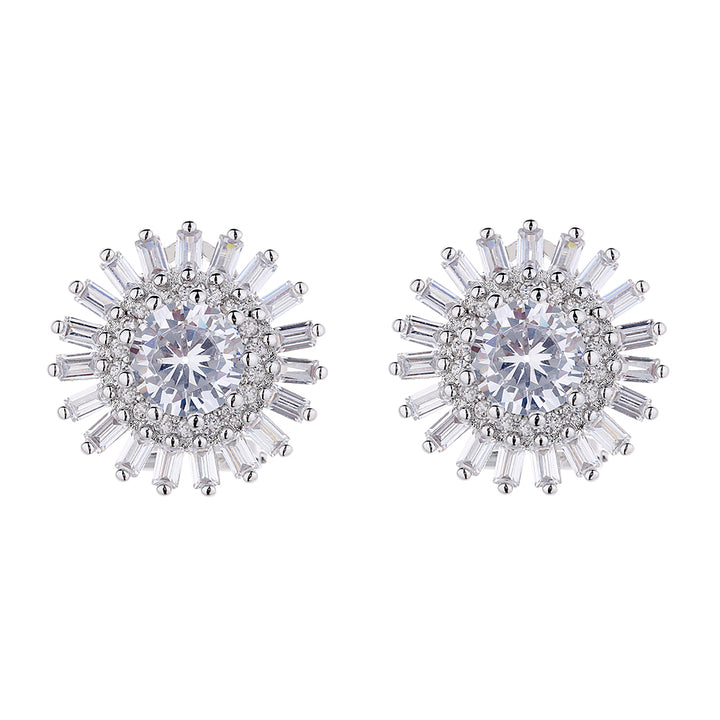 Simulated Diamond Brilliant and Emerald Cut Double Halo Stud Earrings in 14K White Gold