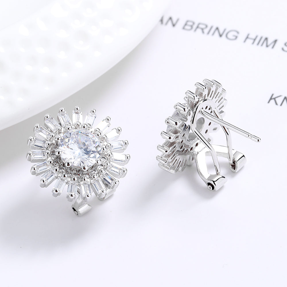 Simulated Diamond Brilliant and Emerald Cut Double Halo Stud Earrings in 14K White Gold