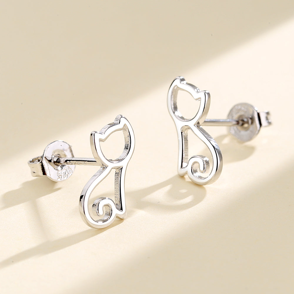 Sterling Silver Kitten Cut Out Stud Earrings