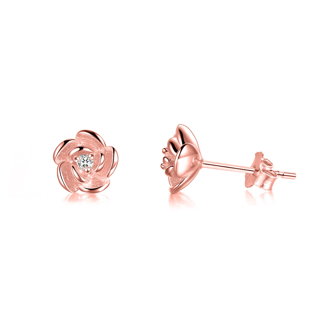 14K Rose Gold Rose Earring with Swarovski Crystal