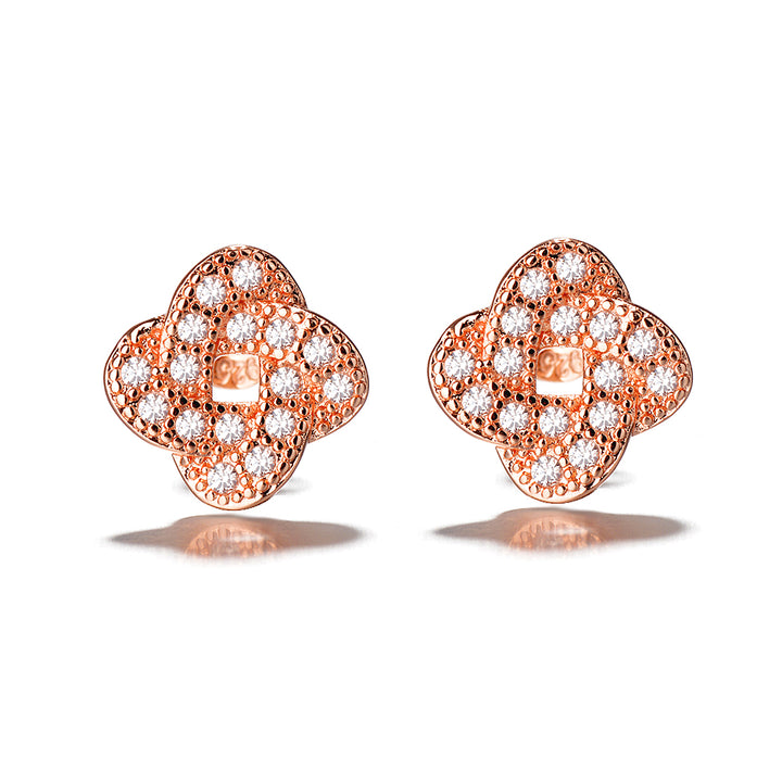18K Rose Gold Encrusted Knot Stud Earrings With Crystals