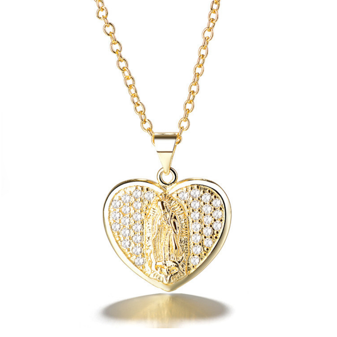 Sterling Silver Mother Mary Heart Pendant Necklace