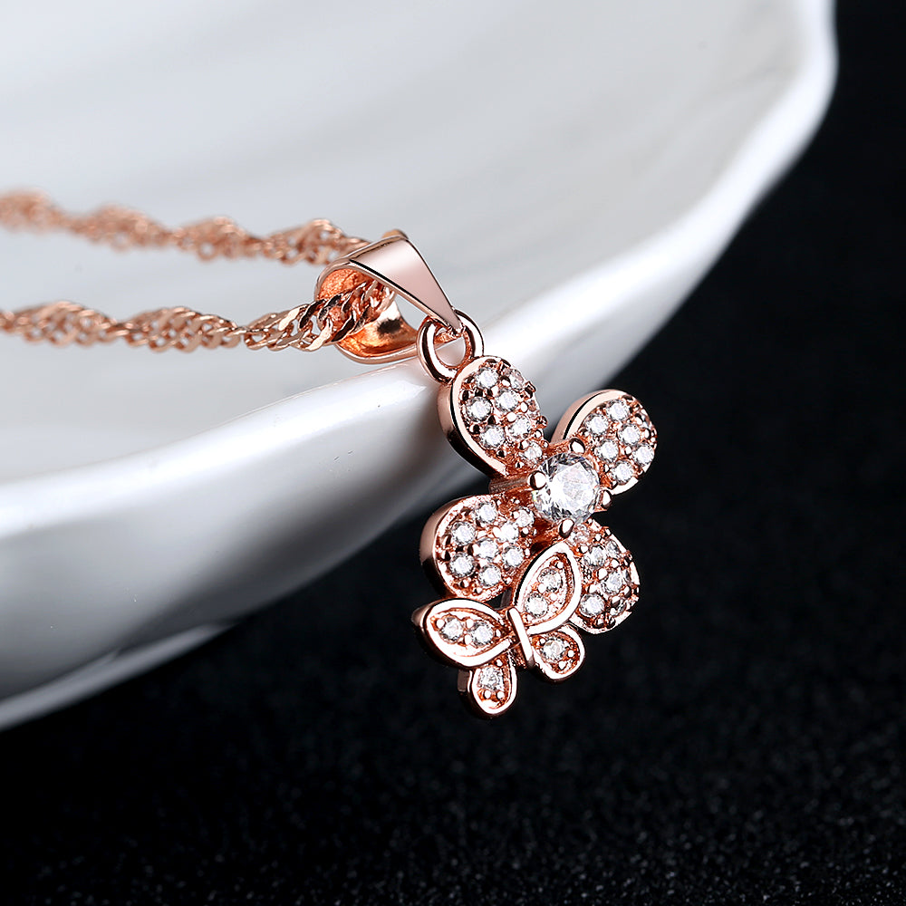 Sterling Silver and Genuine Crystal Butterfly on Flower Pendant Necklace