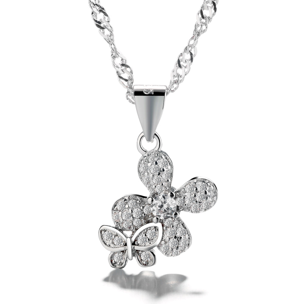 Sterling Silver and Genuine Crystal Butterfly on Flower Pendant Necklace