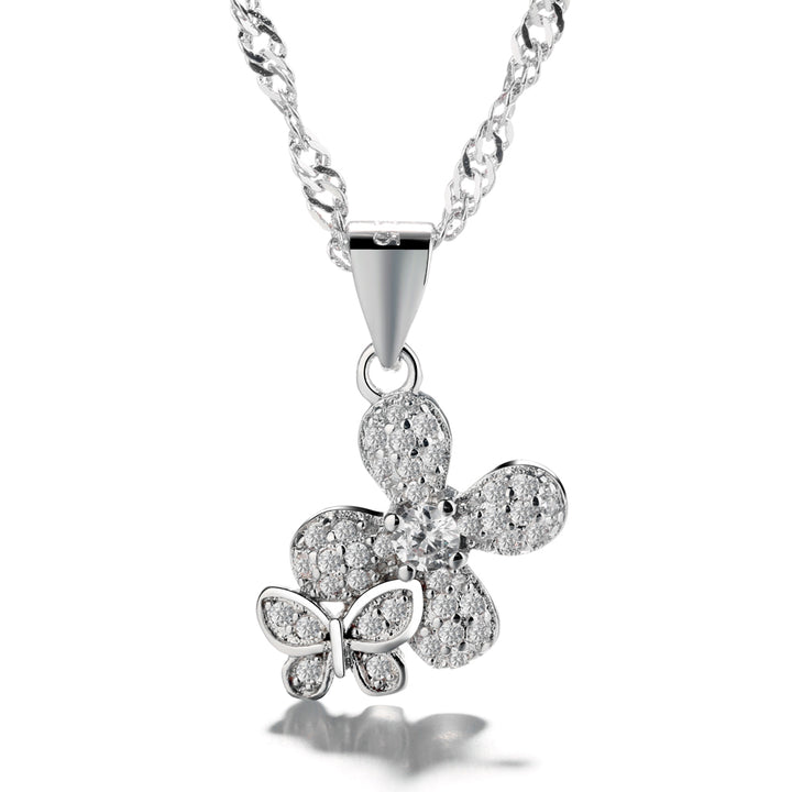 Sterling Silver and Genuine Crystal Butterfly on Flower Pendant Necklace