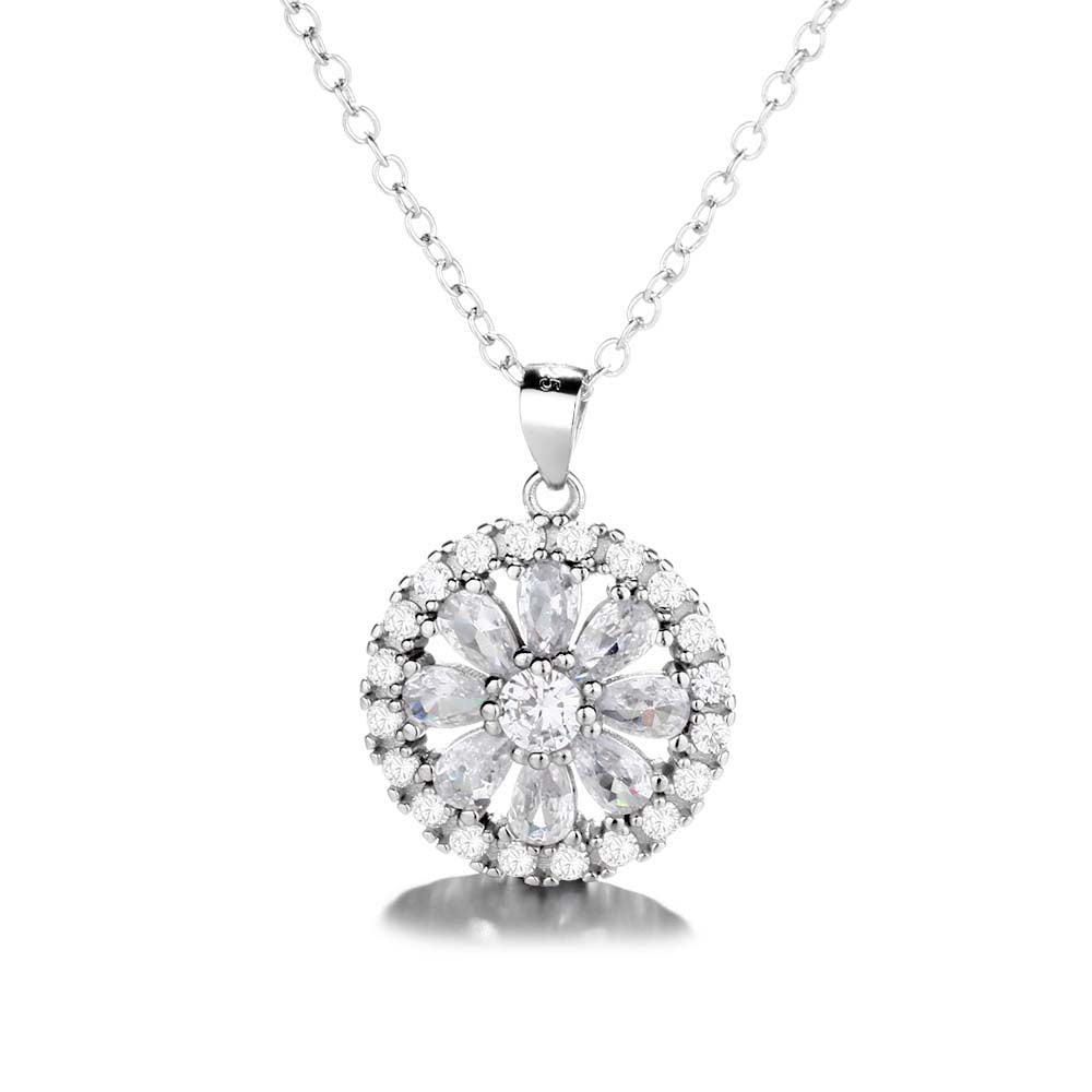 Sterling Silver Flower Halo Pendant Necklace with Swarovski Crystals