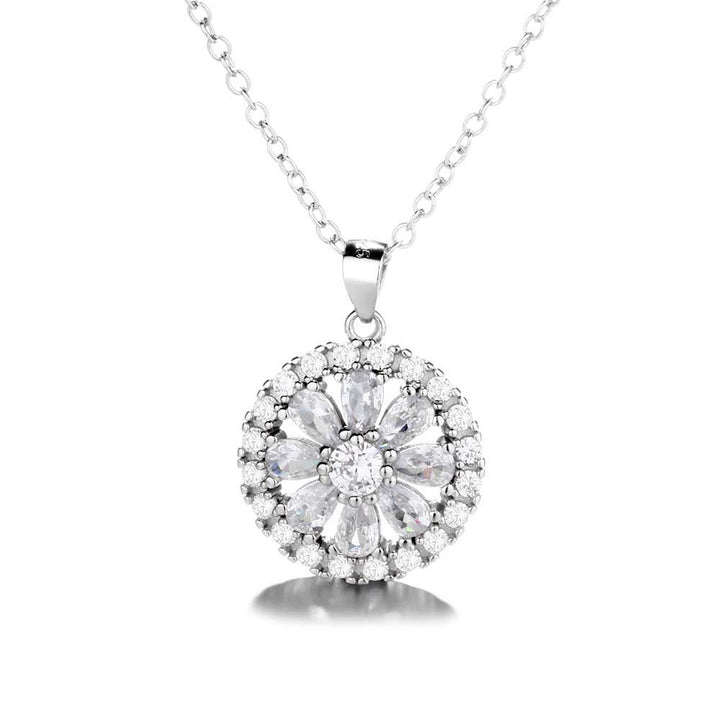 Sterling Silver Flower Halo Pendant Necklace with Swarovski Crystals