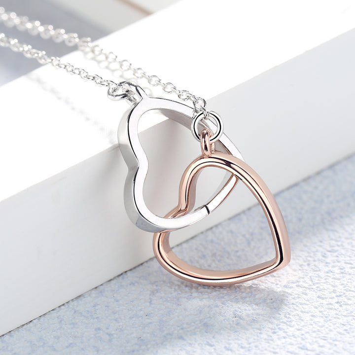 14k Rose Gold and Sterling Silver Double Heart Pendant Necklace