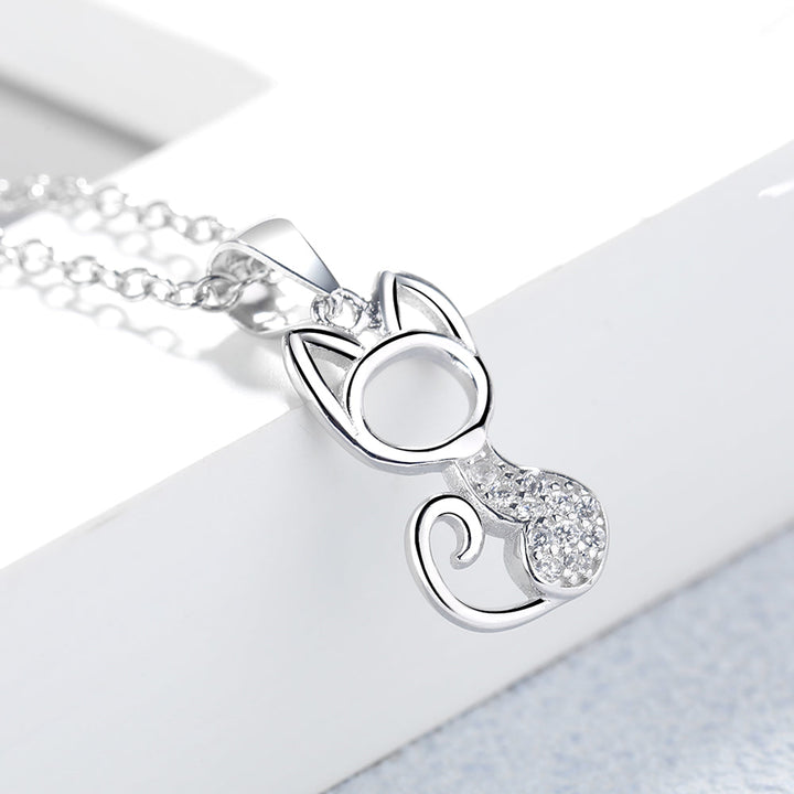 Sterling Silver Cat Pendant Necklace with Swarovski Crystal