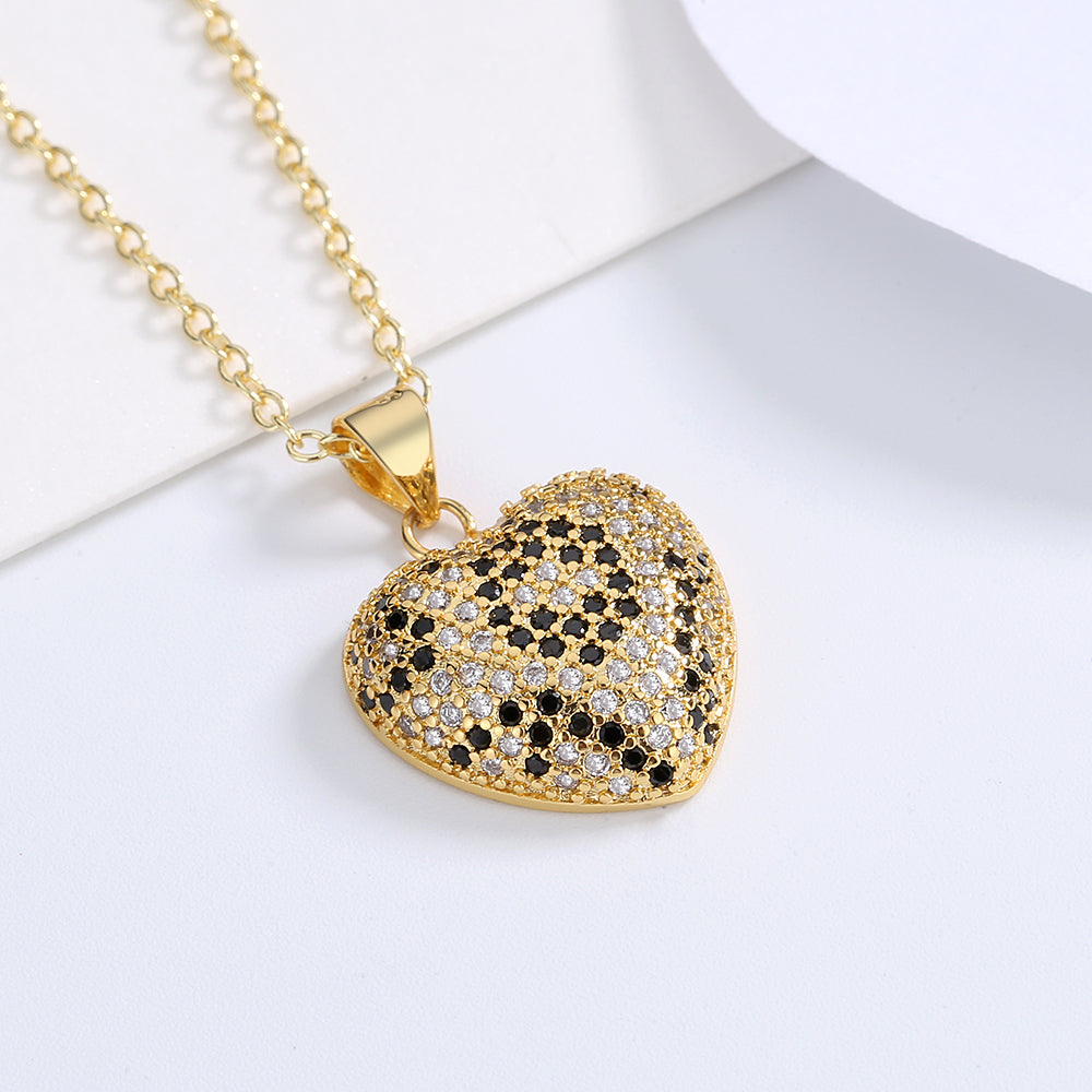 14K Gold Leopard Print Heart Necklace with Crystals