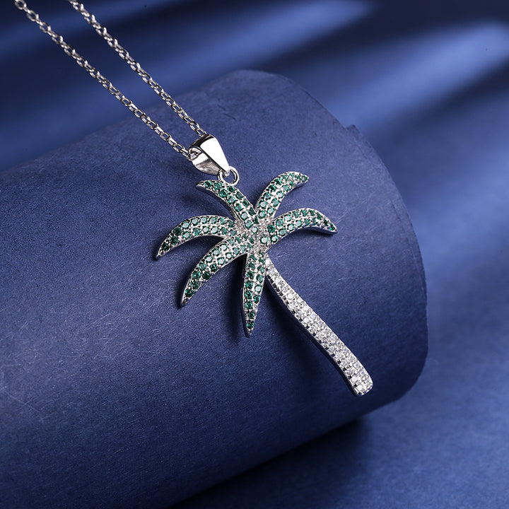 Sterling Silver Palm Tree with Genuine Crystals Pendant Necklace