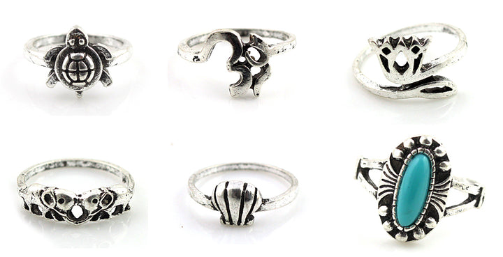 Sterling or Brass Oxidied Turquoise (Set of 6) Multi-Finger Rings