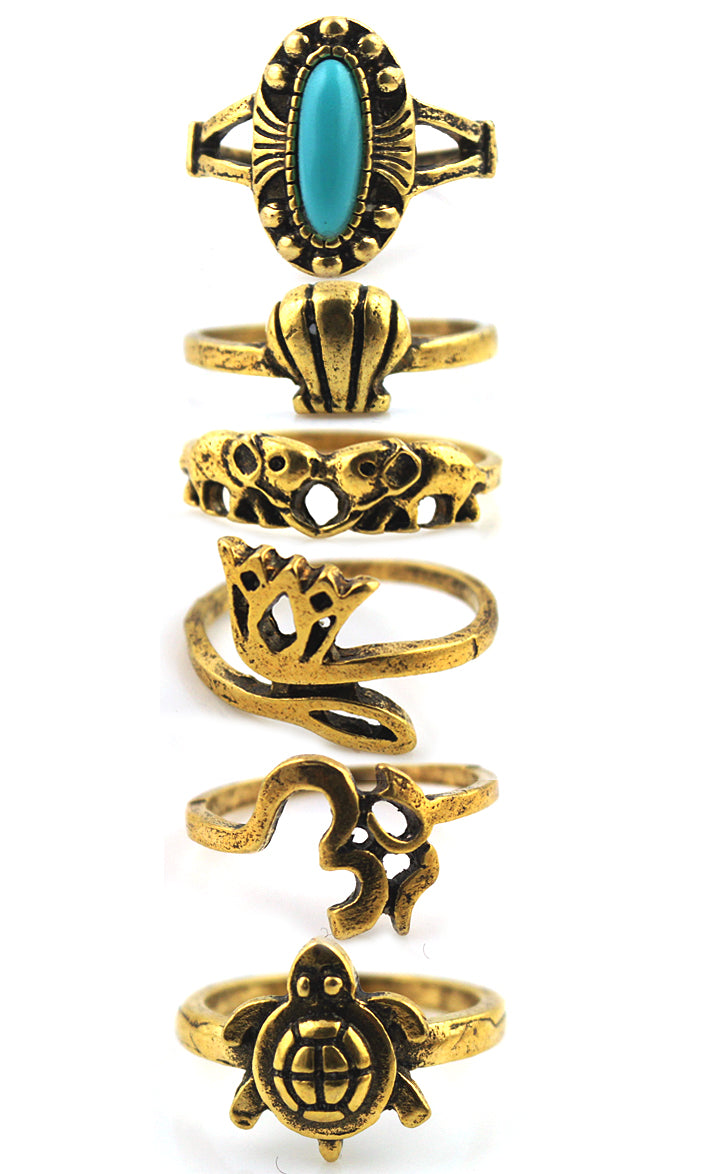 Sterling or Brass Oxidied Turquoise (Set of 6) Multi-Finger Rings