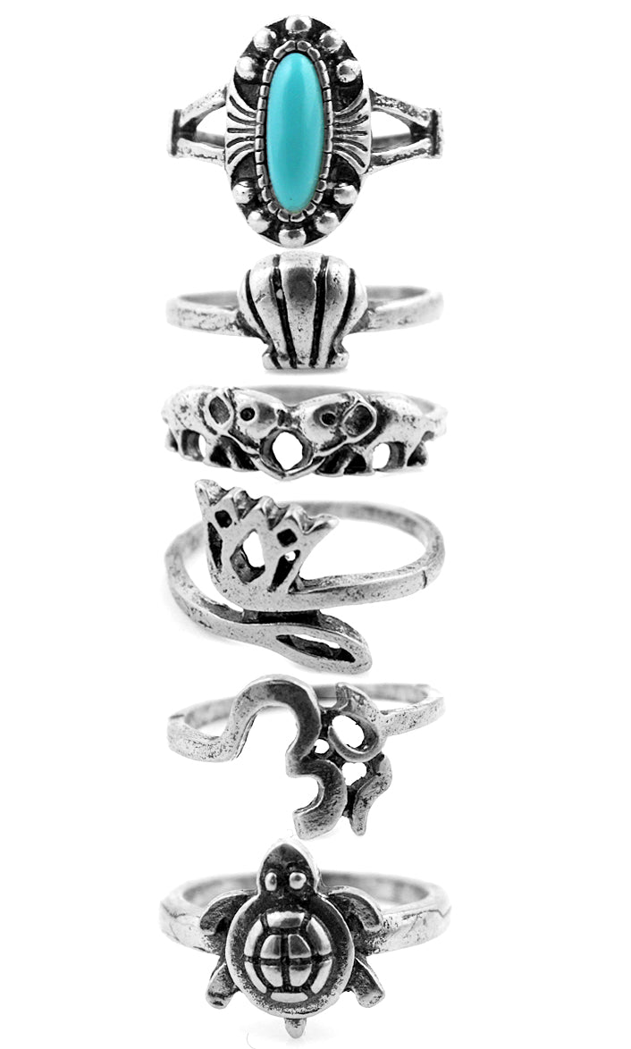 Sterling or Brass Oxidied Turquoise (Set of 6) Multi-Finger Rings