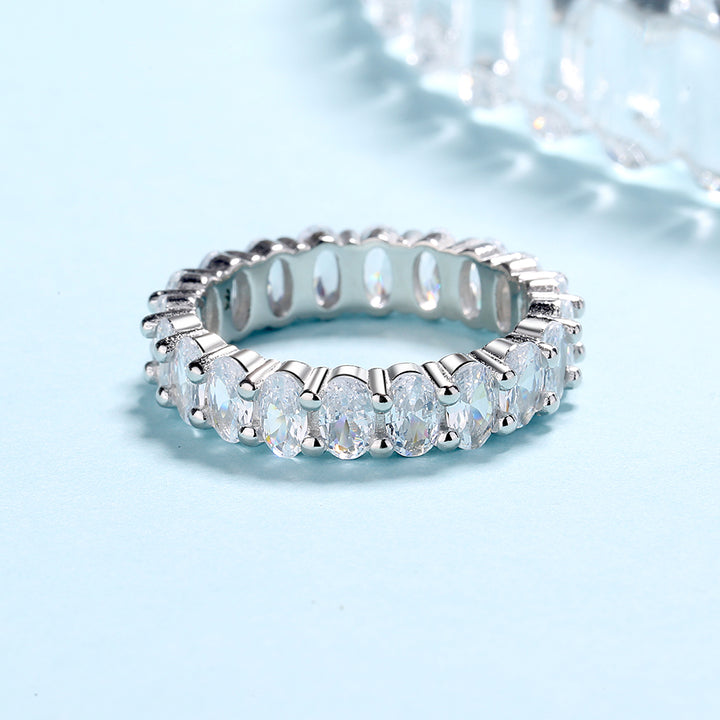 14K White Gold Plated Oval Cut Eternity Ring with  Crystals
