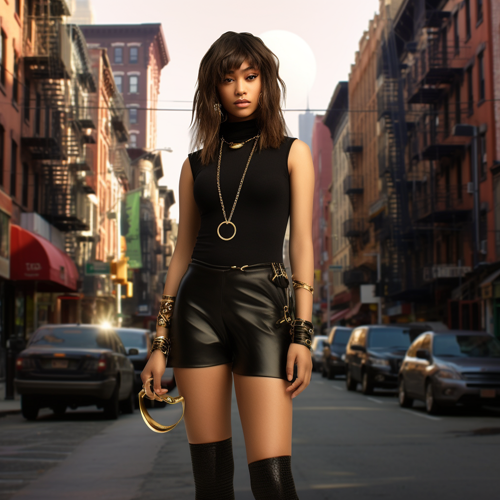 A stylish young woman in a black outfit, adorned with Amy & Annette's 14k gold earrings, bracelets, rings, and necklaces, confidently standing in the heart of NYC.