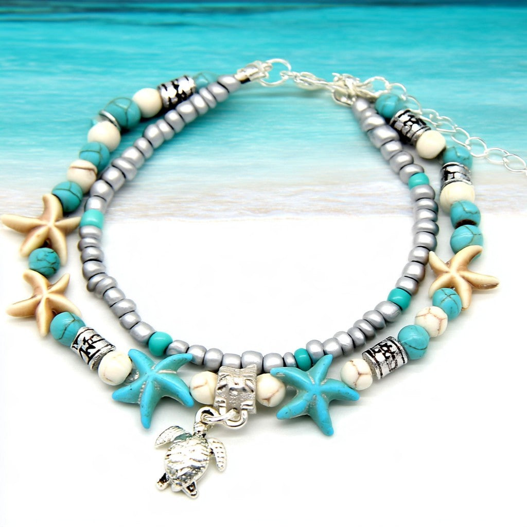 Turquoise Turtle Two Row Anklets