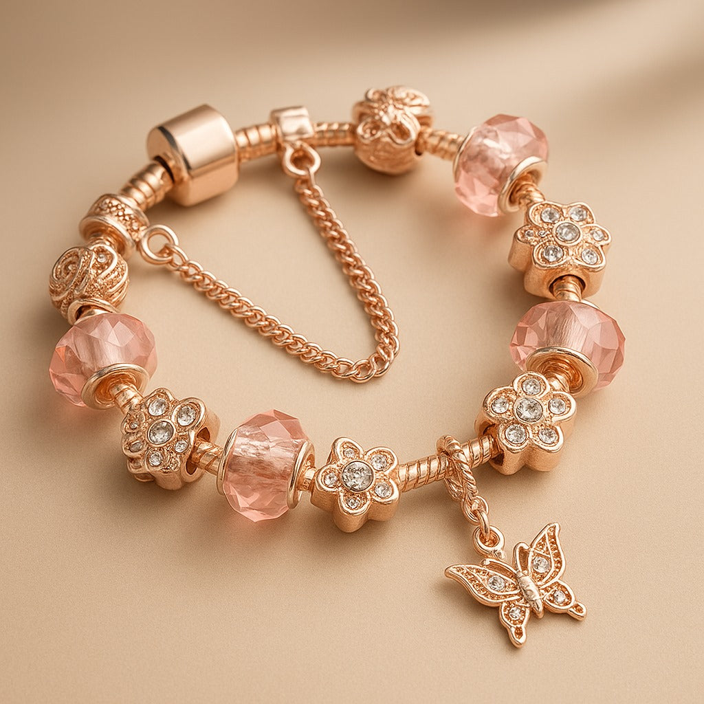 Pink  Crystal Murano Butterfly Bracelet in 14K Rose Gold