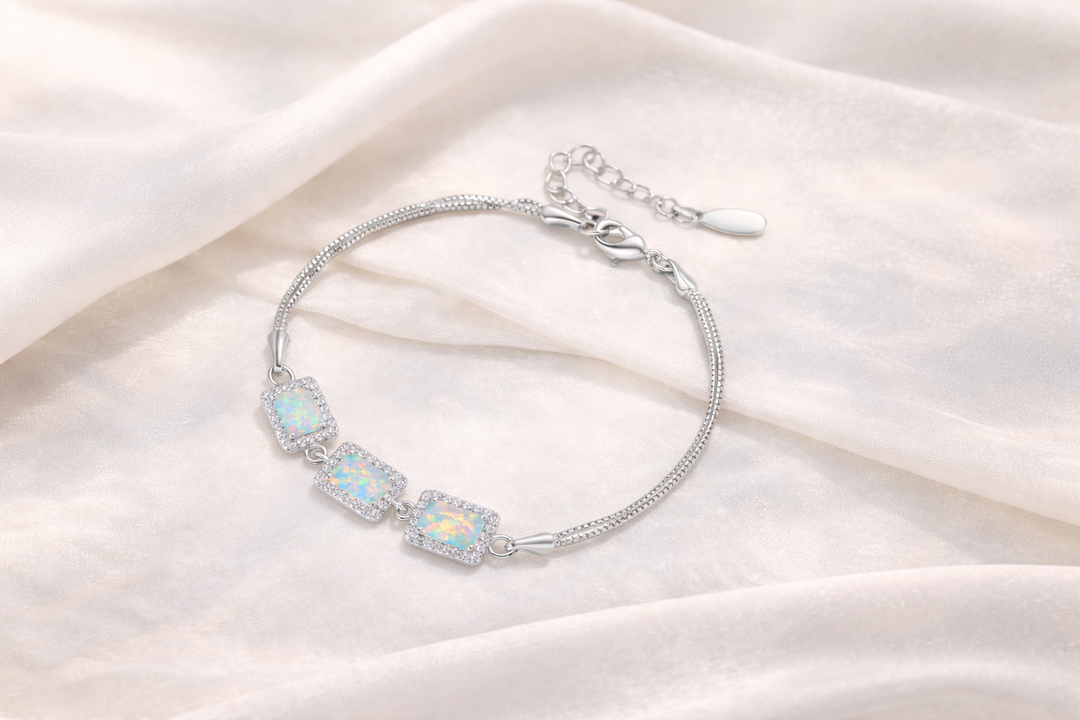 Blue Fiery Opal Halo Bracelet in 14K White Gold
