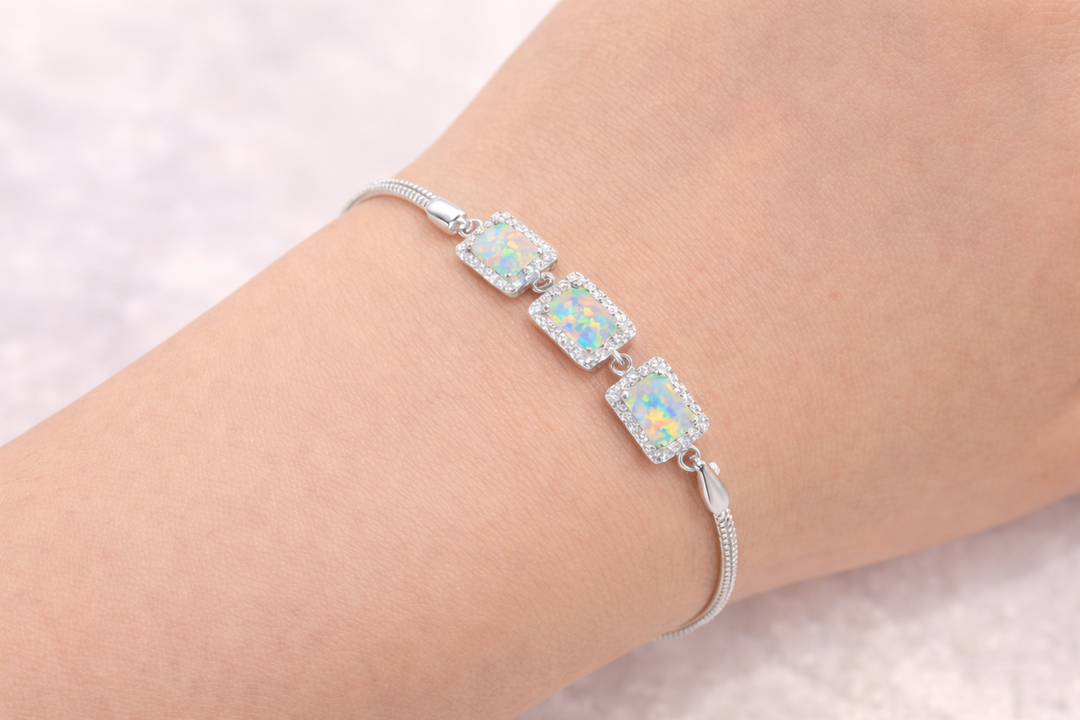 Blue Fiery Opal Halo Bracelet in 14K White Gold