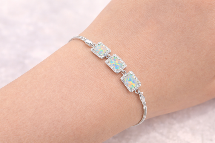 Blue Fiery Opal Halo Bracelet in 14K White Gold