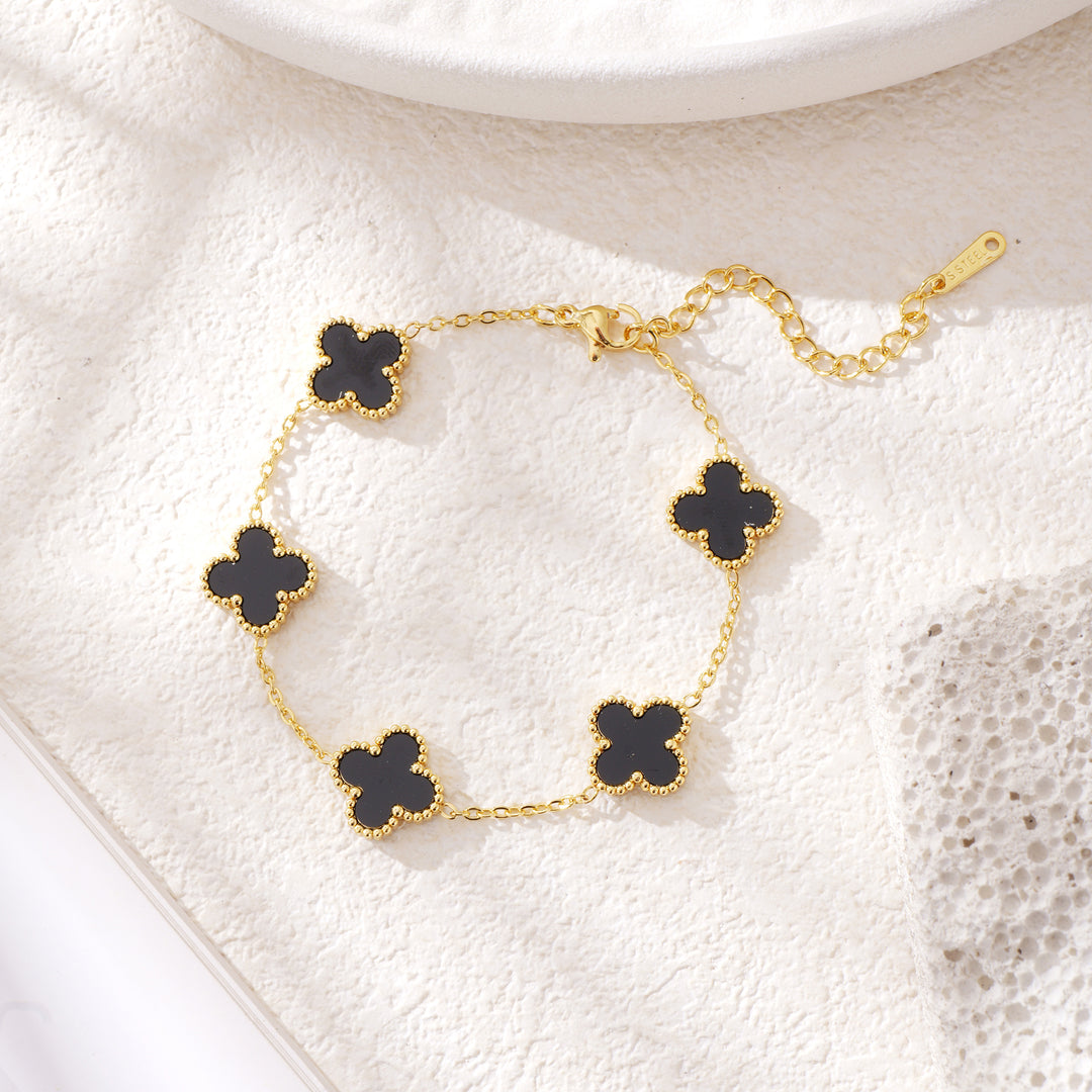 14K Gold Clover Bracelets for Women - Flower Four Leaf Clover Bracelet - Mother of Pearl & Onyx Gemstone Lucky Flower Design - Adjustable