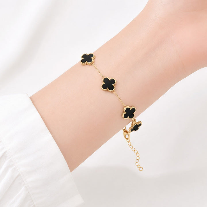 14K Gold Clover Bracelets for Women - Flower Four Leaf Clover Bracelet - Mother of Pearl & Onyx Gemstone Lucky Flower Design - Adjustable