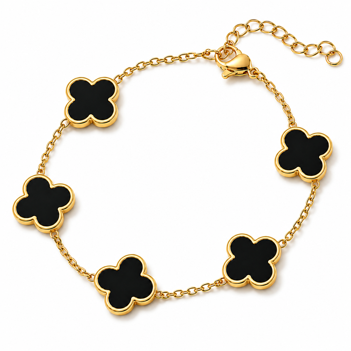 14K Gold Clover Bracelets for Women - Flower Four Leaf Clover Bracelet - Mother of Pearl & Onyx Gemstone Lucky Flower Design - Adjustable