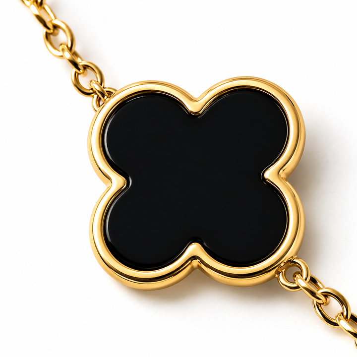 14K Gold Clover Bracelets for Women - Flower Four Leaf Clover Bracelet - Mother of Pearl & Onyx Gemstone Lucky Flower Design - Adjustable