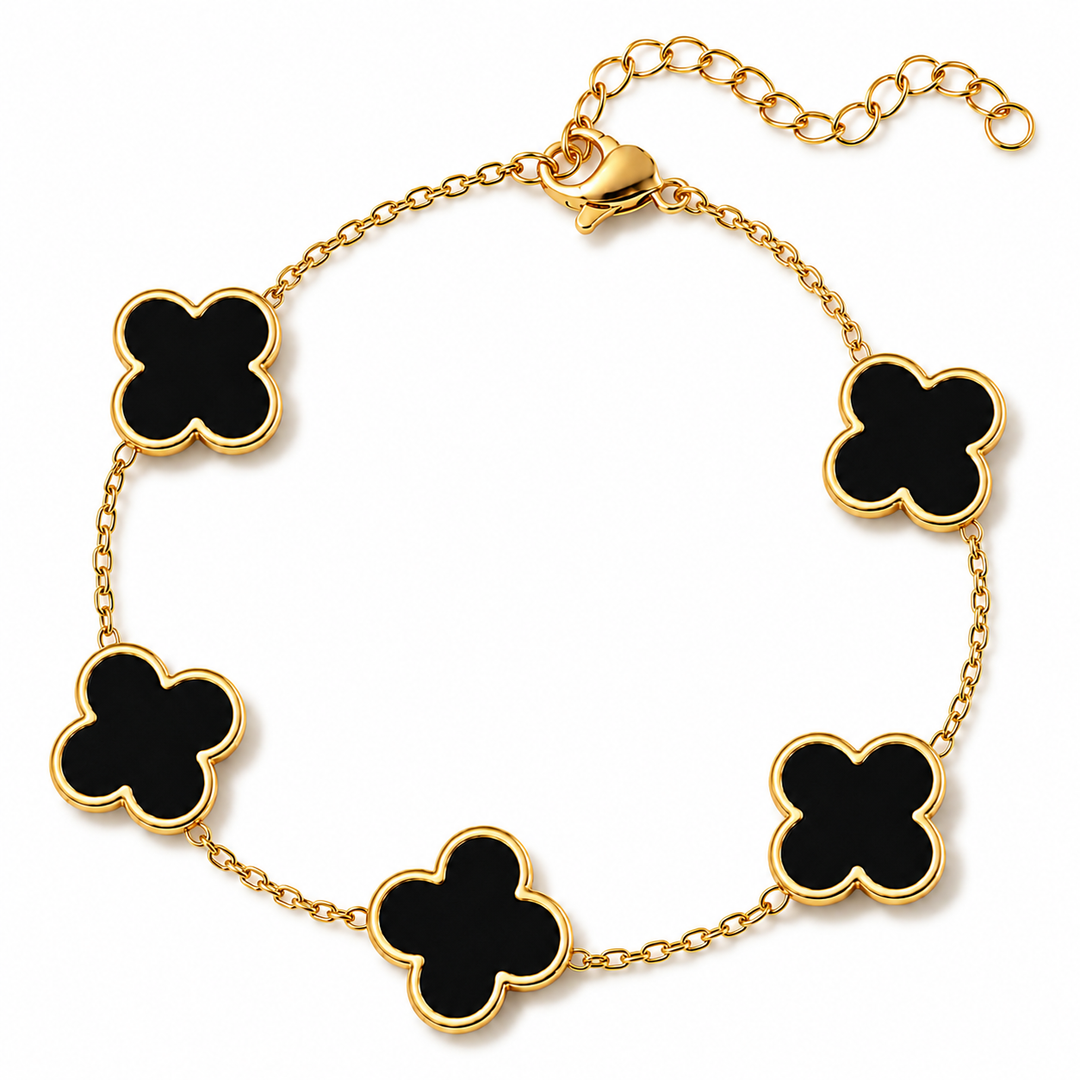14K Gold Clover Bracelets for Women - Flower Four Leaf Clover Bracelet - Mother of Pearl & Onyx Gemstone Lucky Flower Design - Adjustable