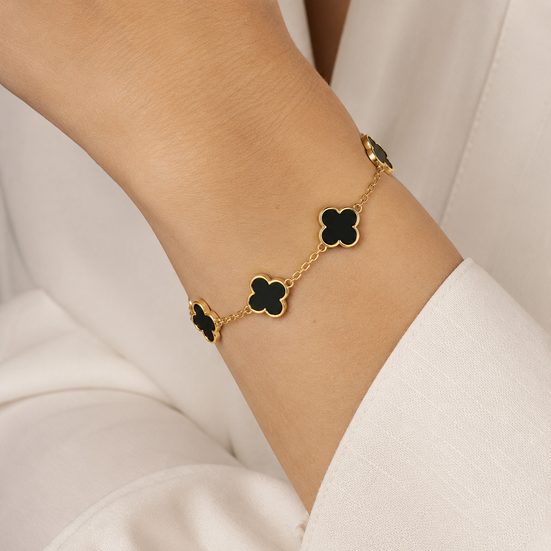 14K Gold Clover Bracelets for Women - Flower Four Leaf Clover Bracelet - Mother of Pearl & Onyx Gemstone Lucky Flower Design - Adjustable