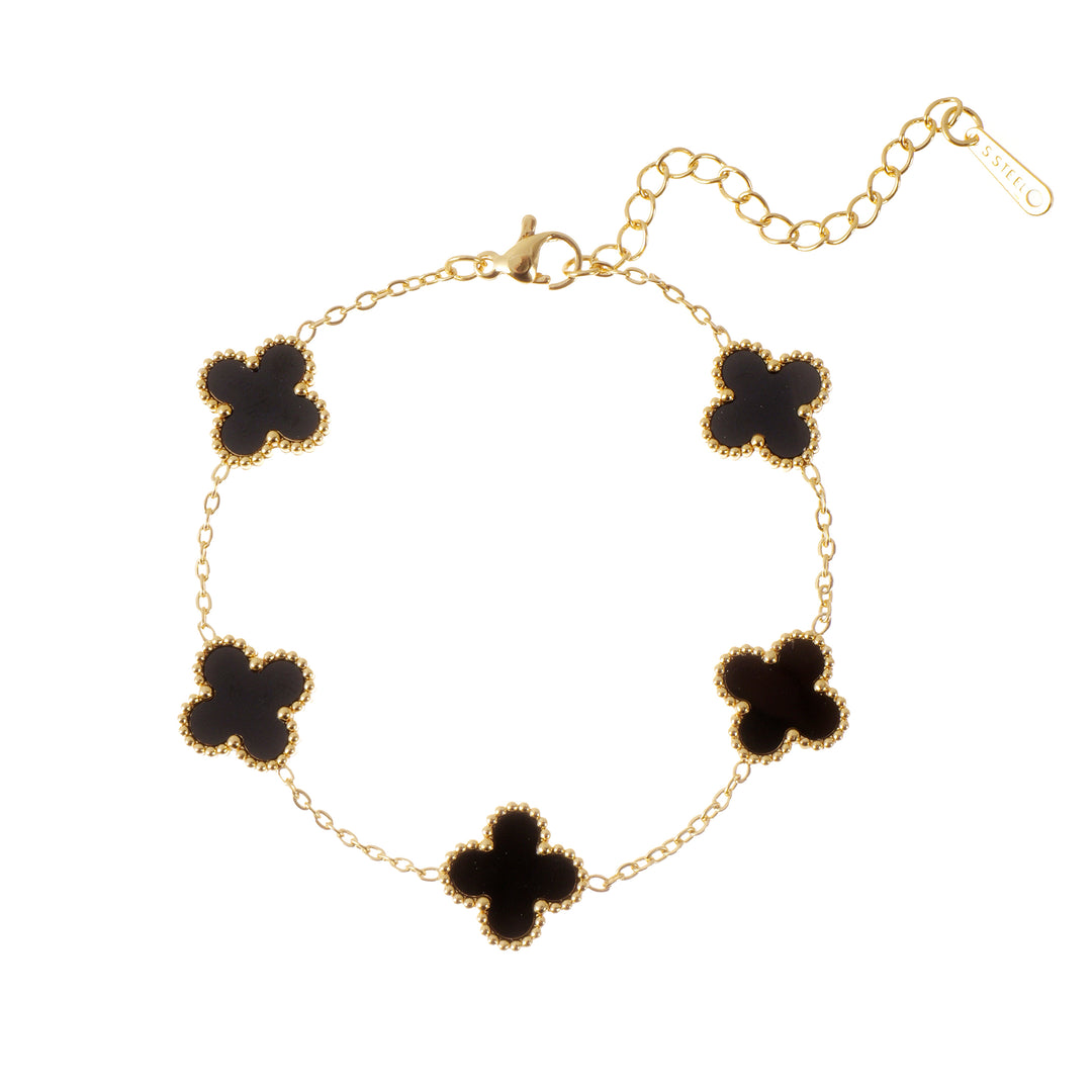 14K Gold Clover Bracelets for Women - Flower Four Leaf Clover Bracelet - Mother of Pearl & Onyx Gemstone Lucky Flower Design - Adjustable