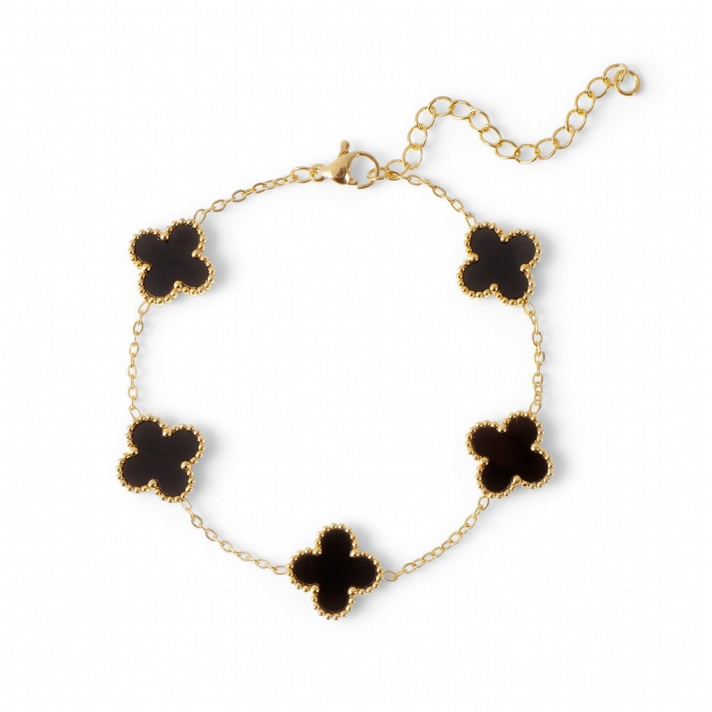 14K Gold Clover Bracelets for Women - Flower Four Leaf Clover Bracelet - Mother of Pearl & Onyx Gemstone Lucky Flower Design - Adjustable