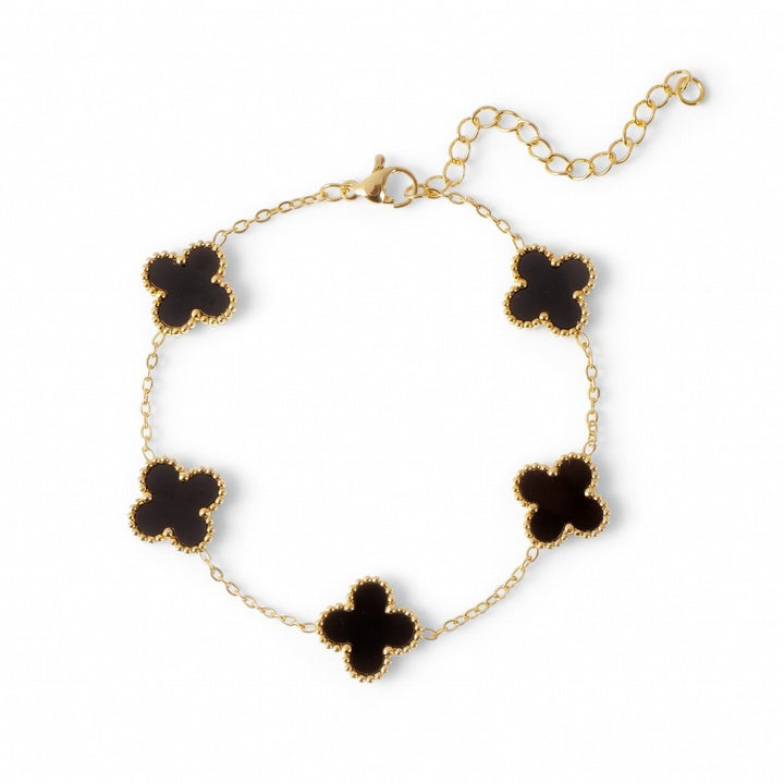 14K Gold Clover Bracelets for Women - Flower Four Leaf Clover Bracelet - Mother of Pearl & Onyx Gemstone Lucky Flower Design - Adjustable